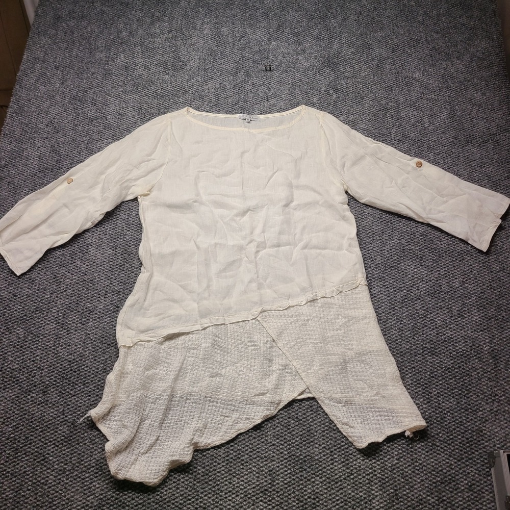 100% Lin Blanc Tunic Top Women 44 Cream Relaxed Boho Linen Asymmetrical Hem